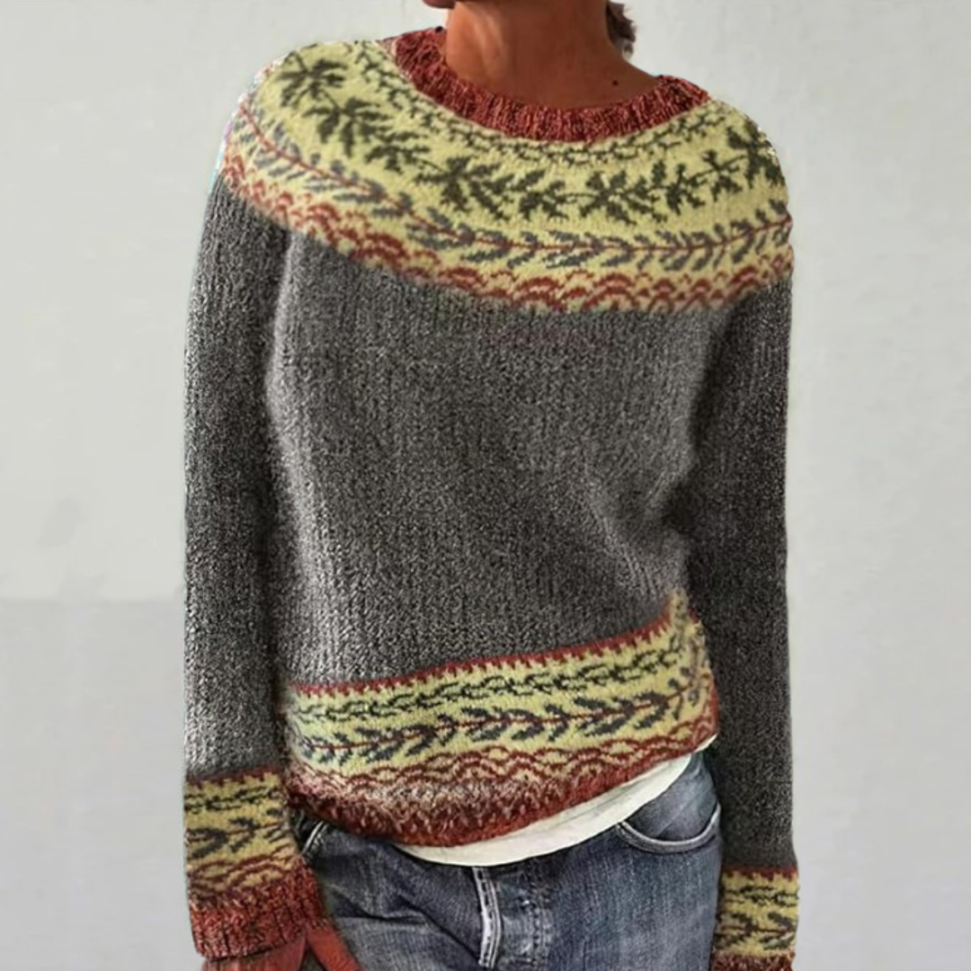 Frances | Grey Leaf Pattern Yoke Sweater