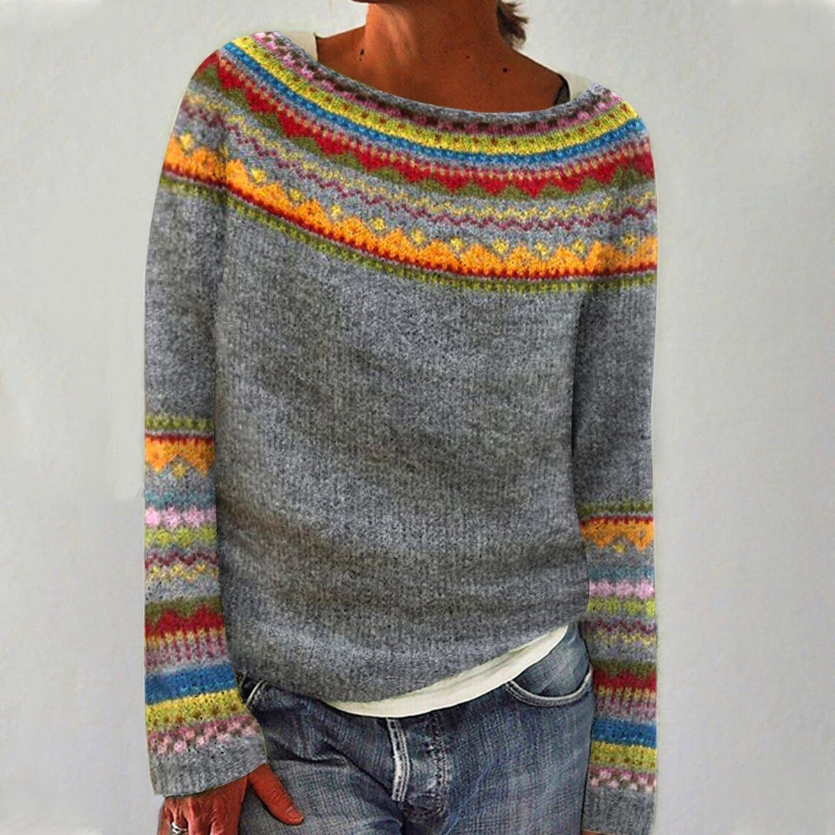 Joanna | Grey Rainbow Yoke Sweater