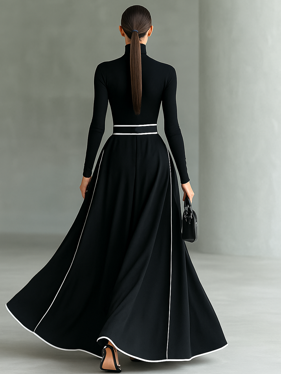 Georgina | Black Belted Maxi Dress with Contrast Stitching