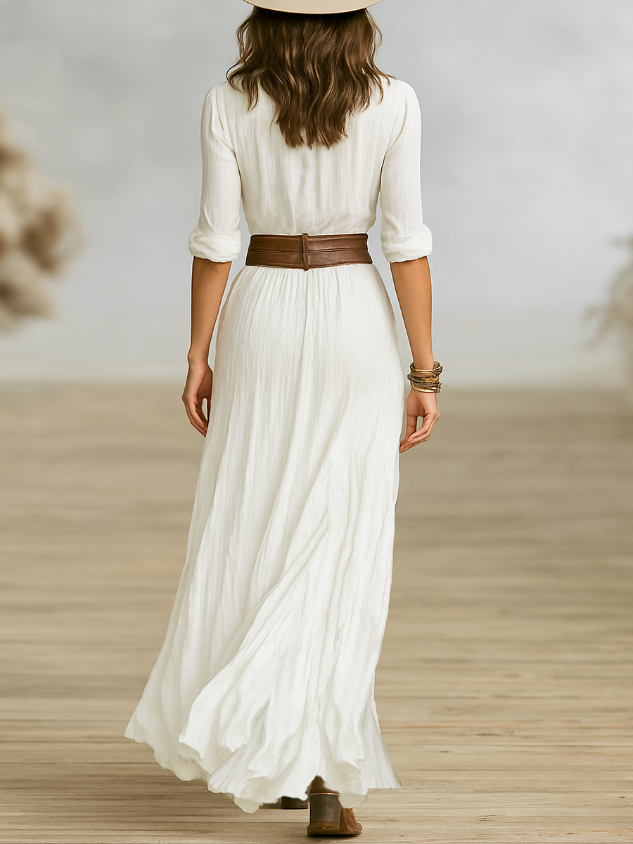 Hannah | Long Linen-Blend Dress with Reverse Collar