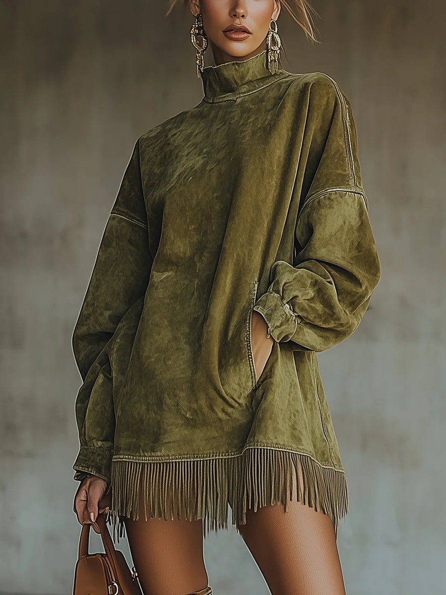 Rebecca | Faux Suede High-Neck Dress with Fringe