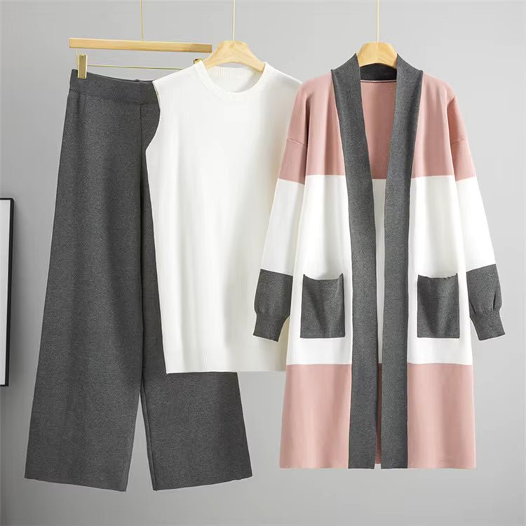Hilary | Three-Piece Knit Set with Wide-Leg Trousers and Long Cardigan