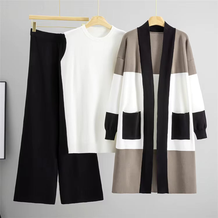 Hilary | Three-Piece Knit Set with Wide-Leg Trousers and Long Cardigan