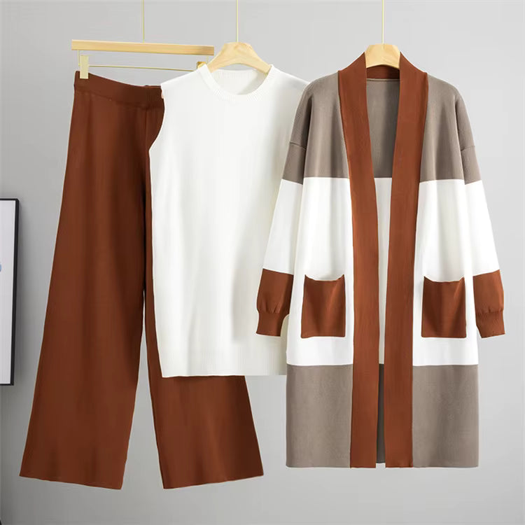 Hilary | Three-Piece Knit Set with Wide-Leg Trousers and Long Cardigan