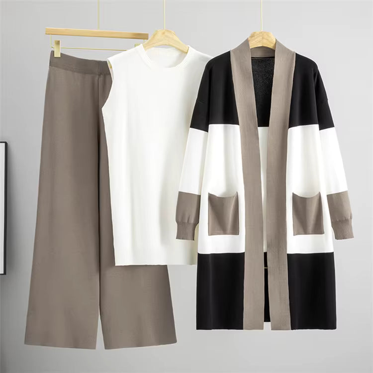 Hilary | Three-Piece Knit Set with Wide-Leg Trousers and Long Cardigan