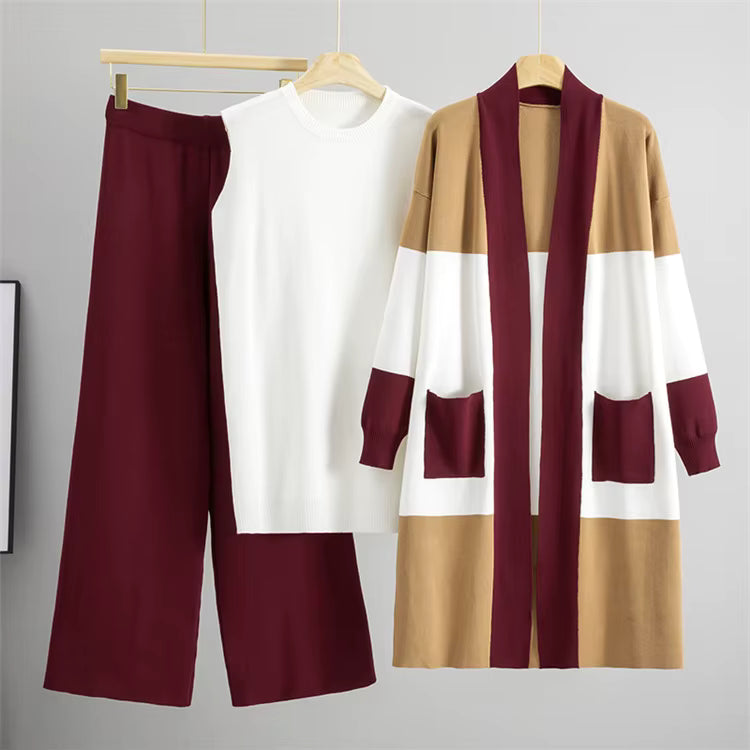 Hilary | Three-Piece Knit Set with Wide-Leg Trousers and Long Cardigan