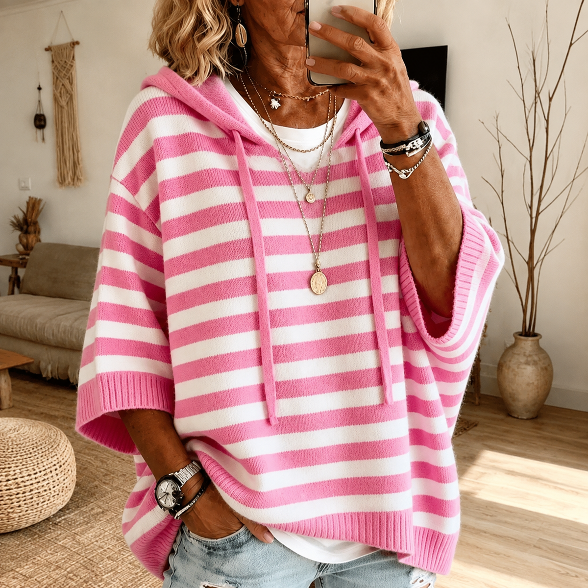 Emily | Pink Striped Poncho Sweater