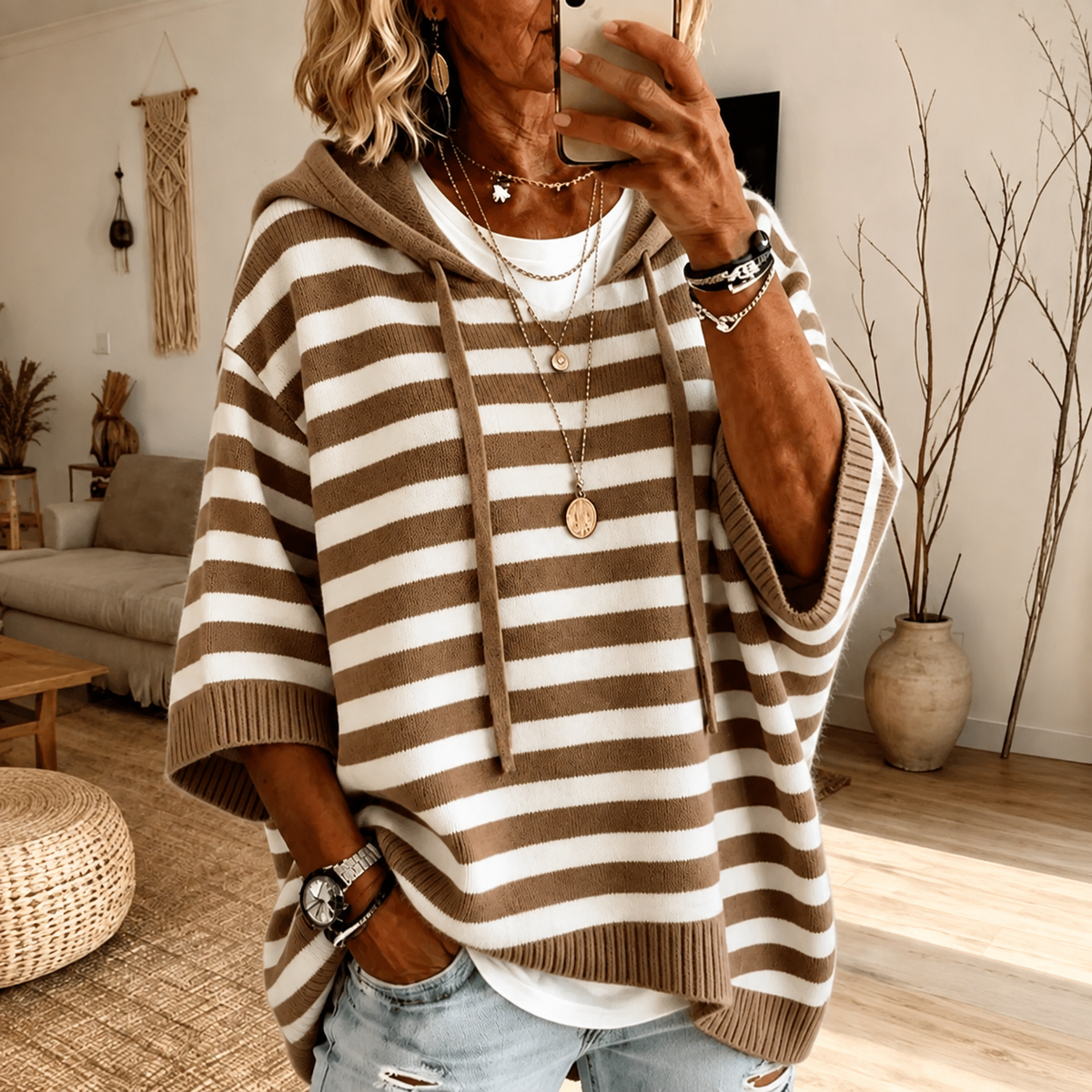 Matilda | Taupe Striped Poncho Sweater