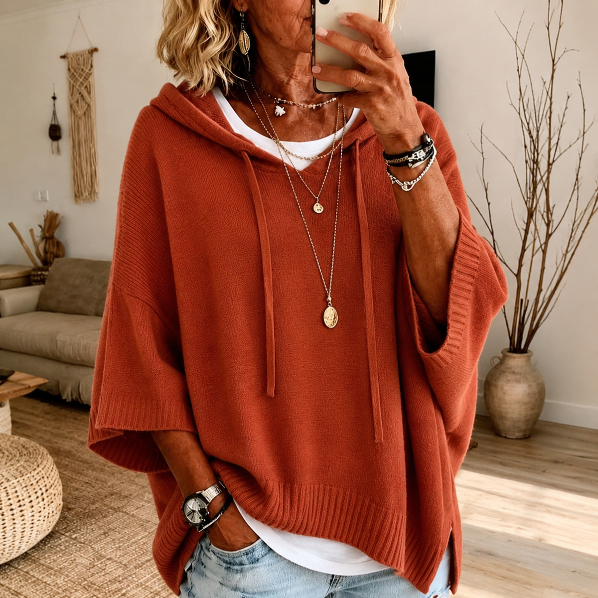 Olive | Terracotta Poncho Sweater