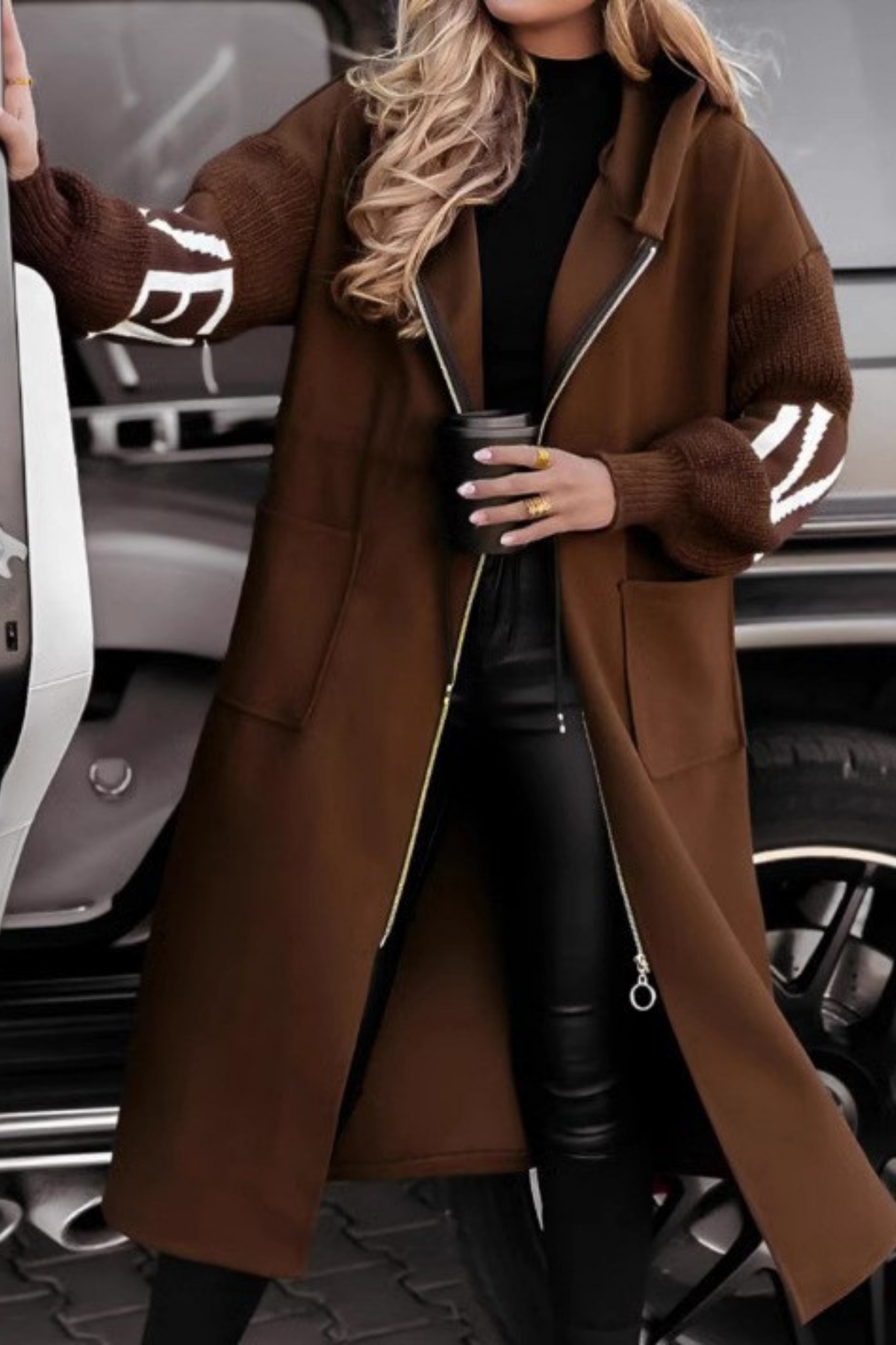 Clarice | Hooded Zip Coat with Knitted Sleeves