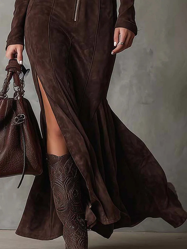 Ruth | Long Faux Suede Dress with Belt