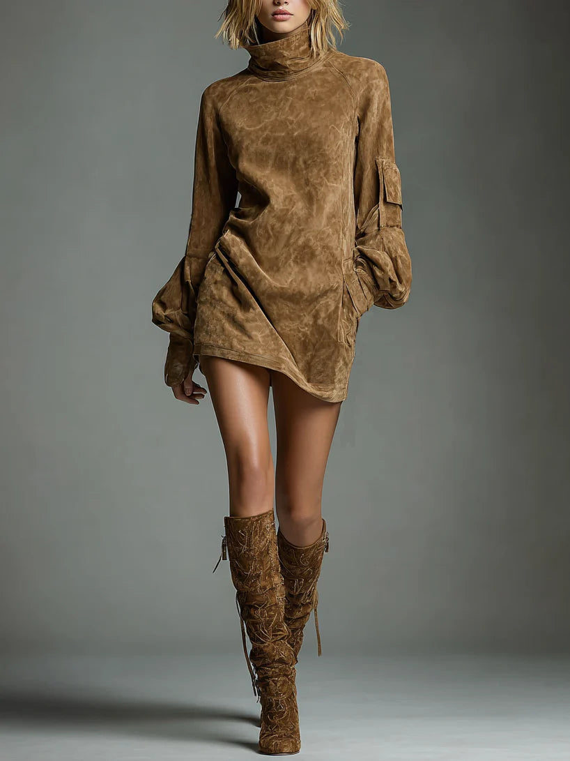 Kate | Oversized Faux Suede Mini Dress with High Neck