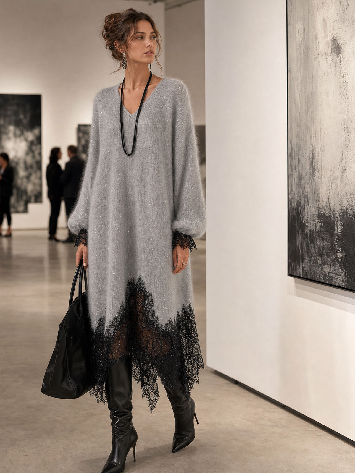 Rachel | Shimmer Knit Midi Dress with Lace Hem