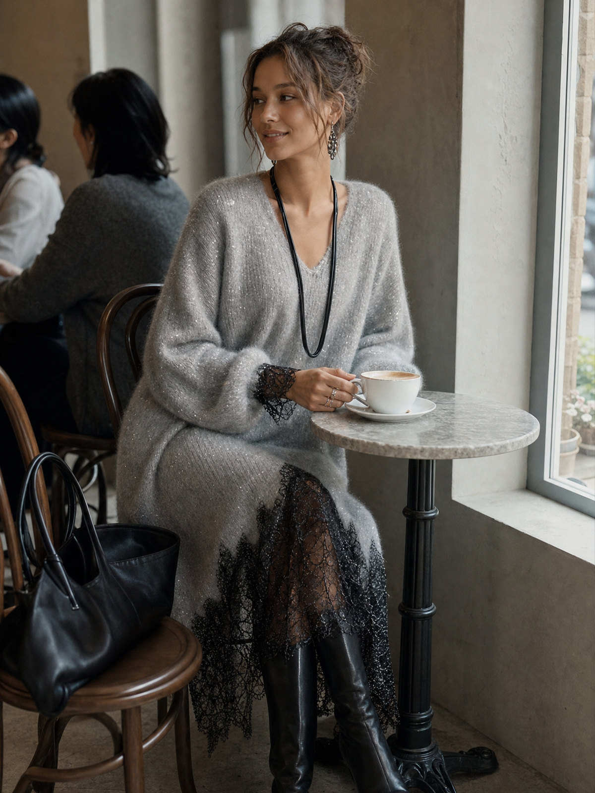 Rachel | Shimmer Knit Midi Dress with Lace Hem