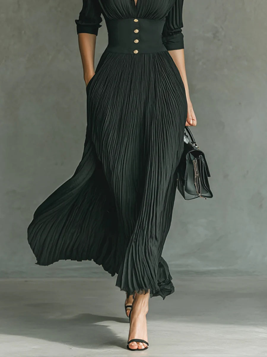 Louisa | Long Pleated Dress with Lapel Collar and High Waist
