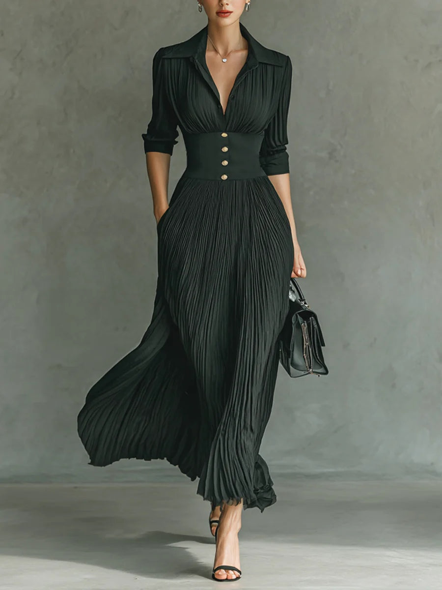 Louisa | Long Pleated Dress with Lapel Collar and High Waist