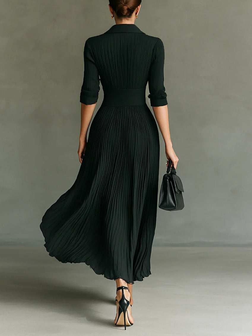Louisa | Long Pleated Dress with Lapel Collar and High Waist