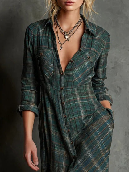 Emma | Green Checked V-Neck Maxi Dress