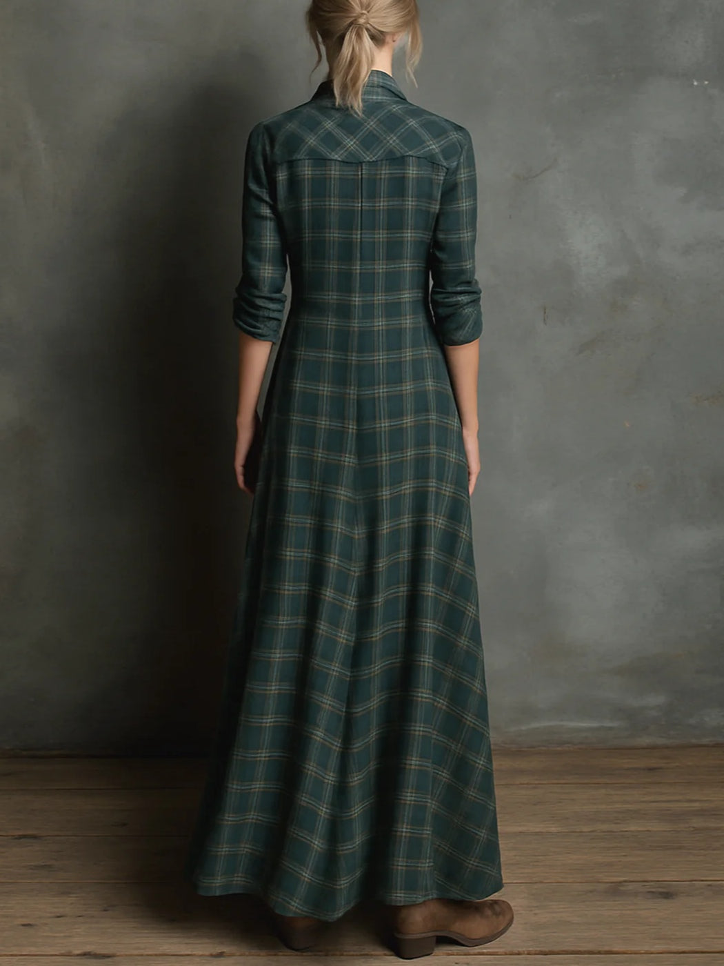 Emma | Green Checked V-Neck Maxi Dress