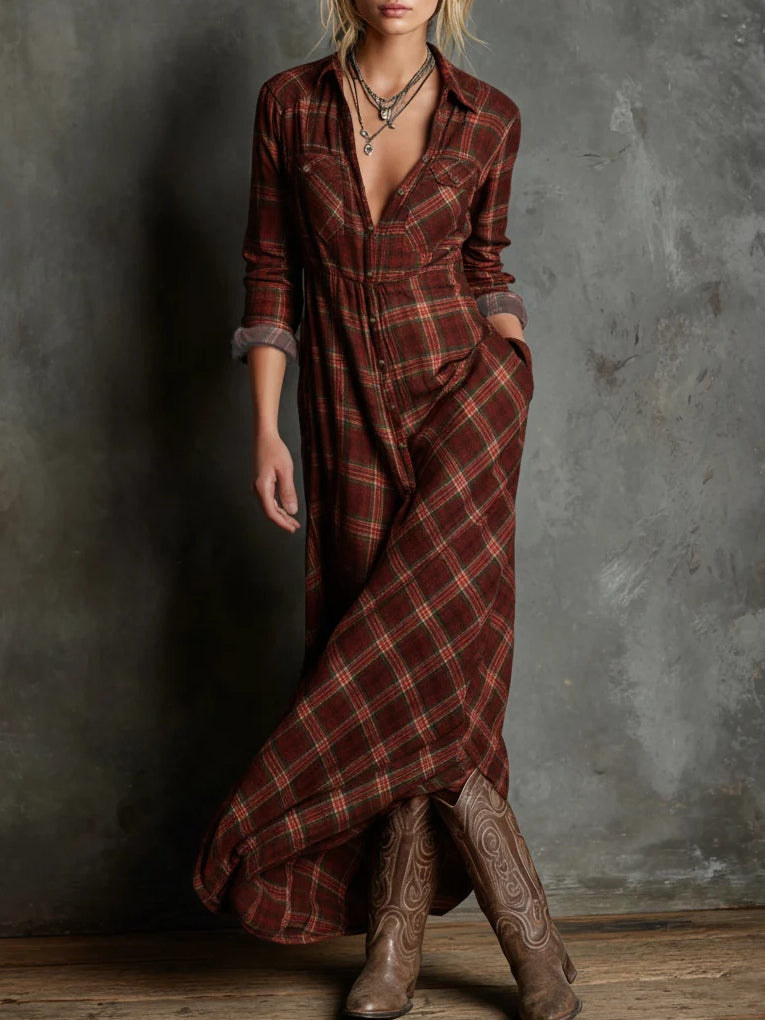 Emma | Green Checked V-Neck Maxi Dress