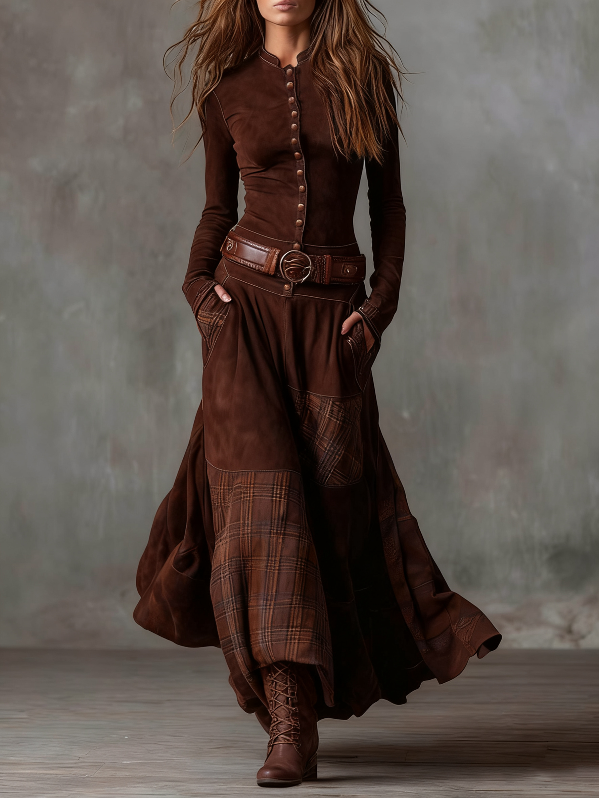 Lillian | Bohemian Belted Maxi Dress with Checked Panels