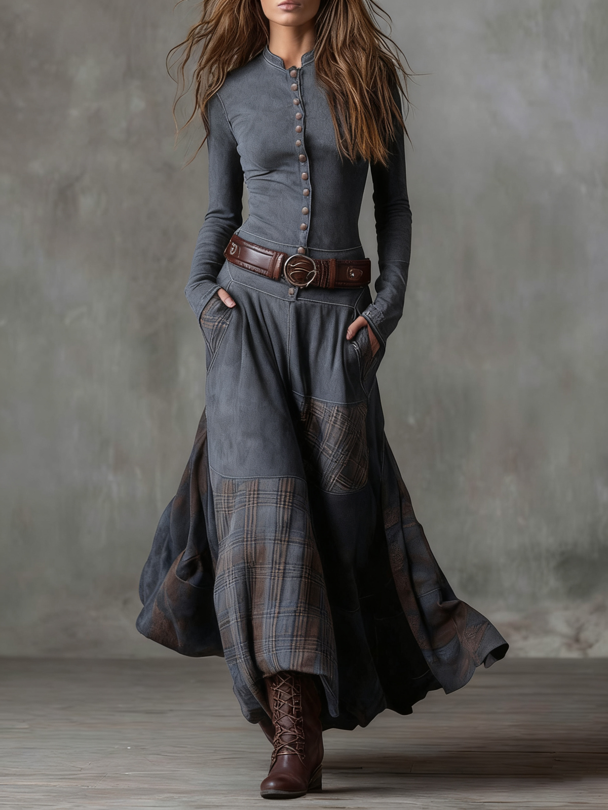 Edwina | Faux Suede Maxi Dress with Belt