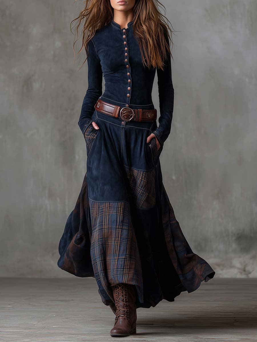 Edwina | Faux Suede Maxi Dress with Belt
