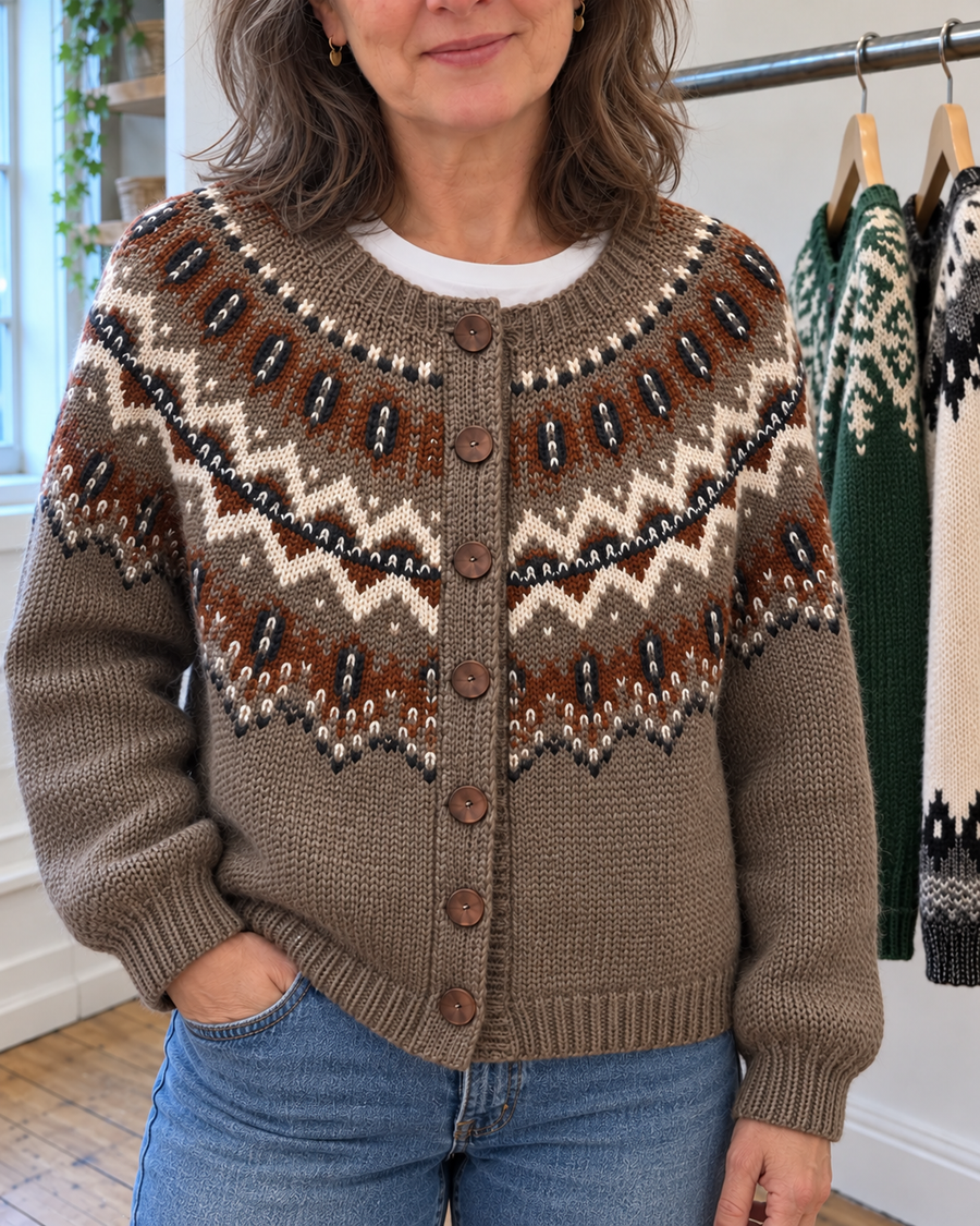 Adeline | Brown Zigzag Yoke Button-Front Cardigan