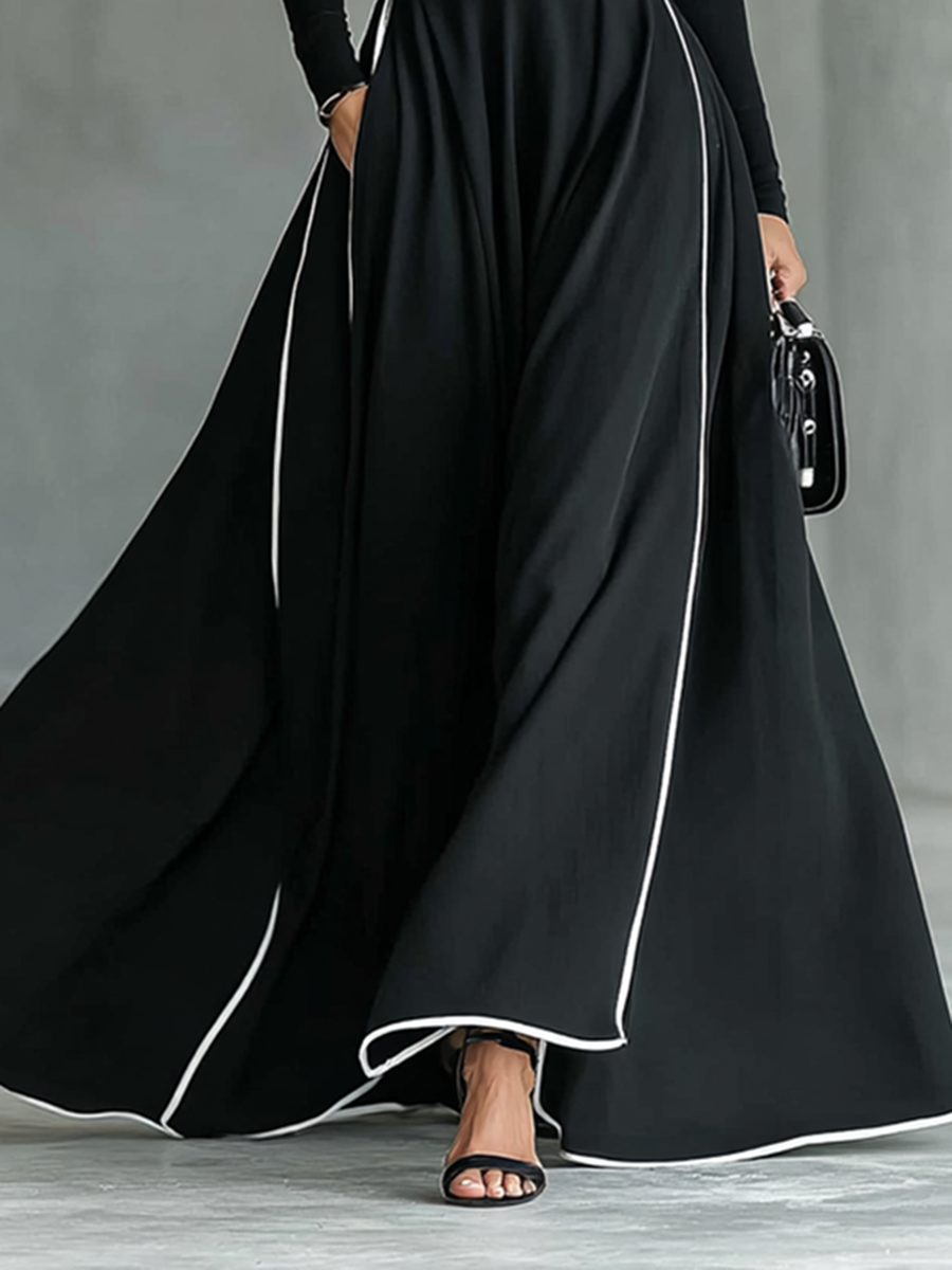 Georgina | Black Belted Maxi Dress with Contrast Stitching