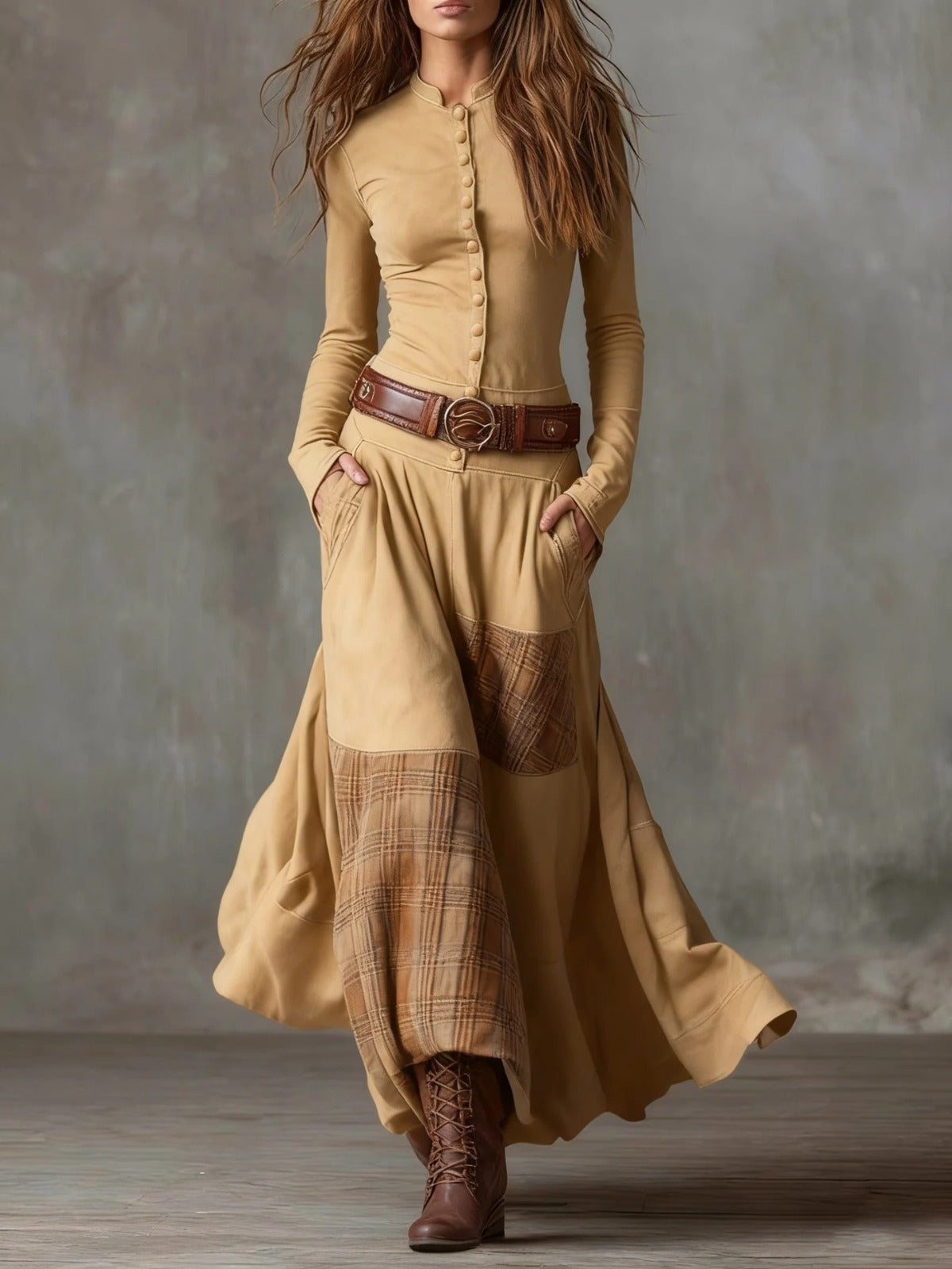 Edwina | Faux Suede Maxi Dress with Belt