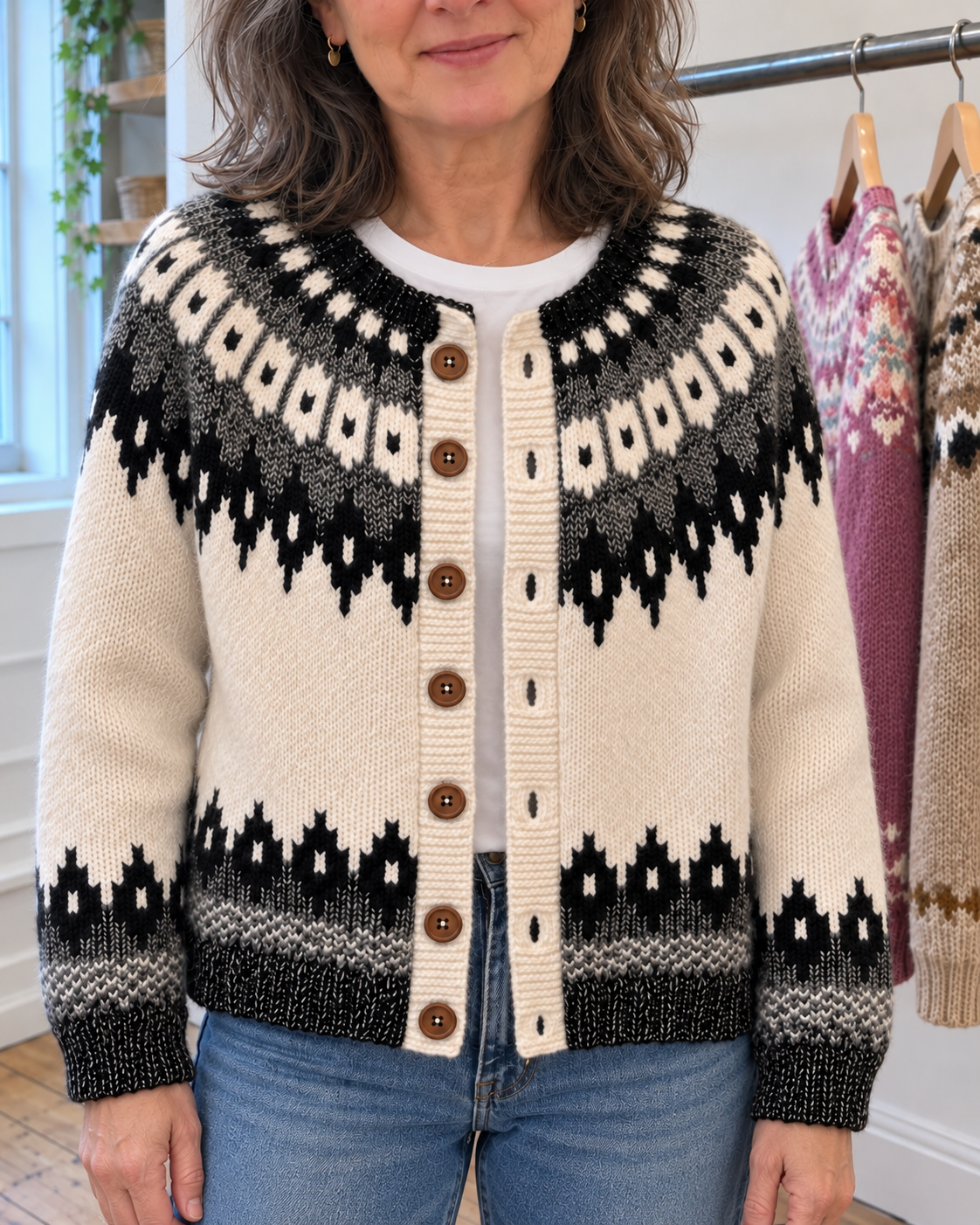Abigail | Cream and Black Nordic Yoke Cardigan