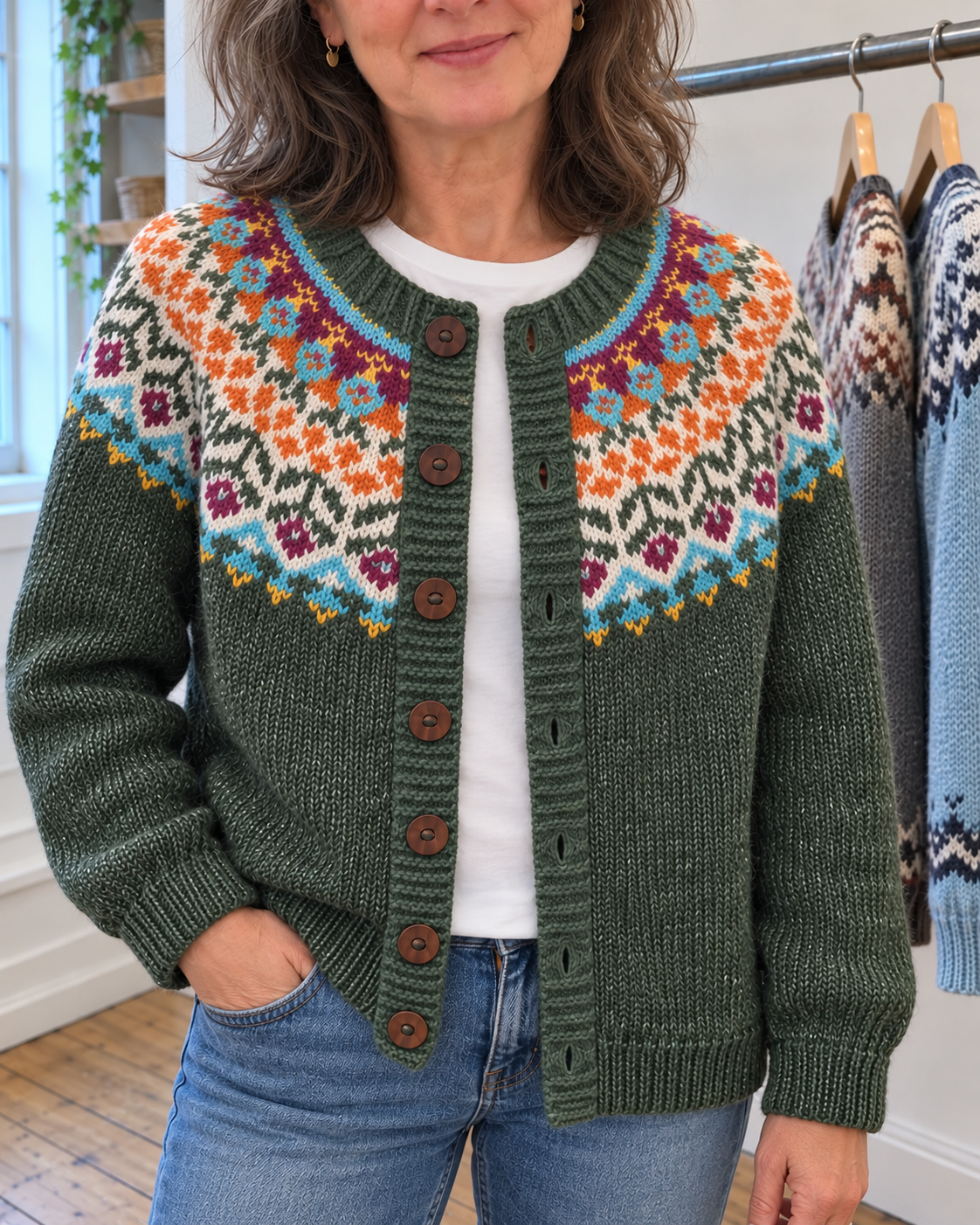 Alice | Forest Green Multicolour Yoke Cardigan