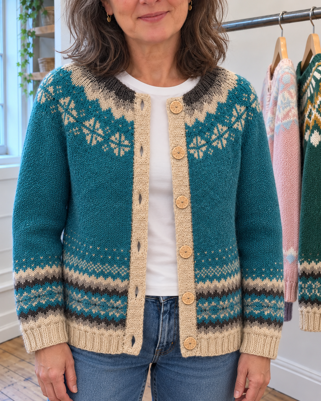 Alexandra | Teal Snowflake Yoke Button-Front Cardigan