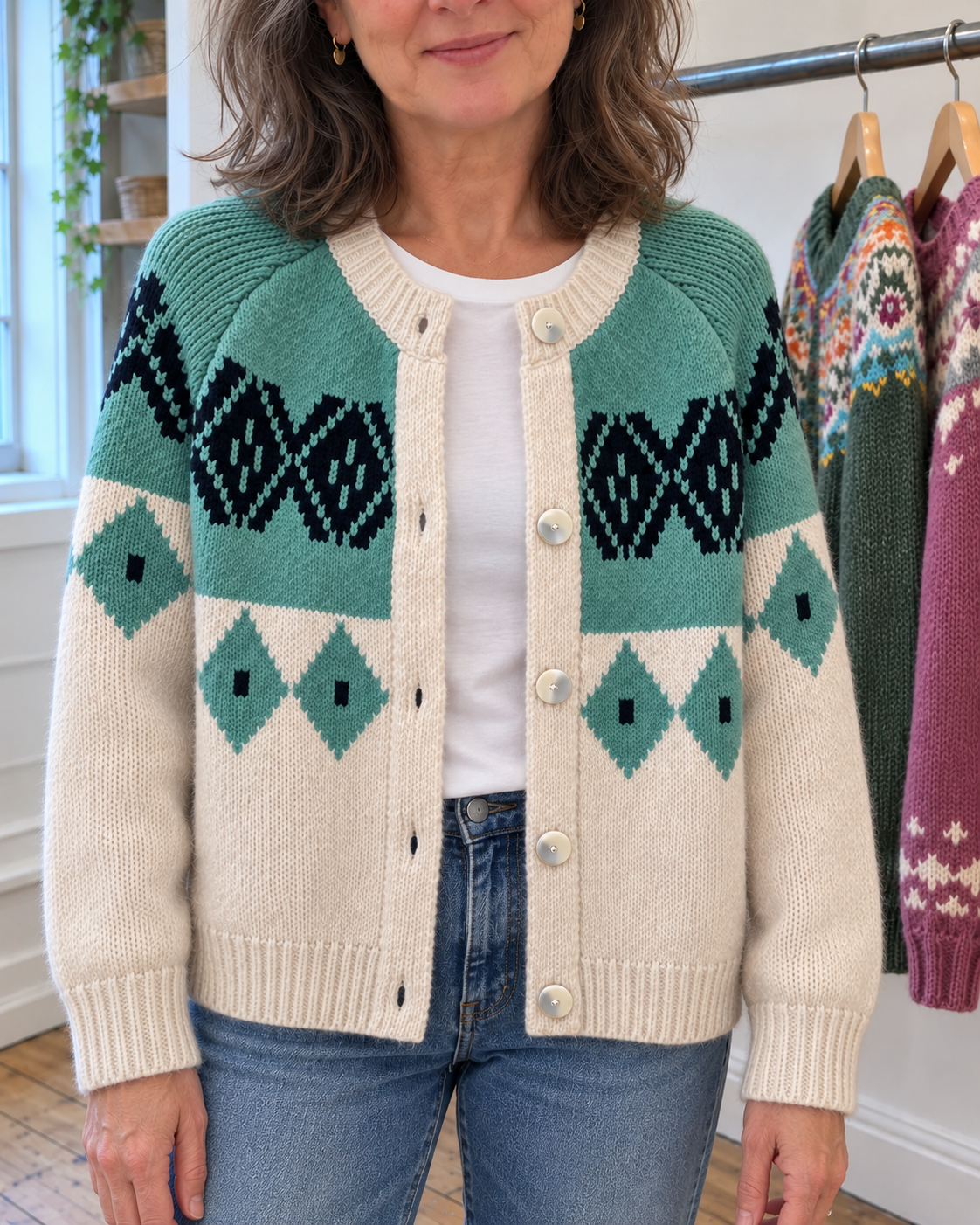 Allison | Cream and Teal Diamond Cardigan