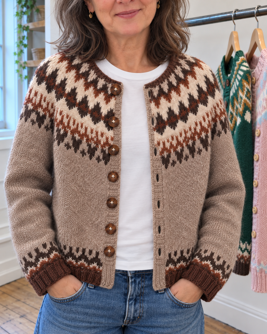 Amelia | Taupe Zigzag Yoke Button-Front Cardigan