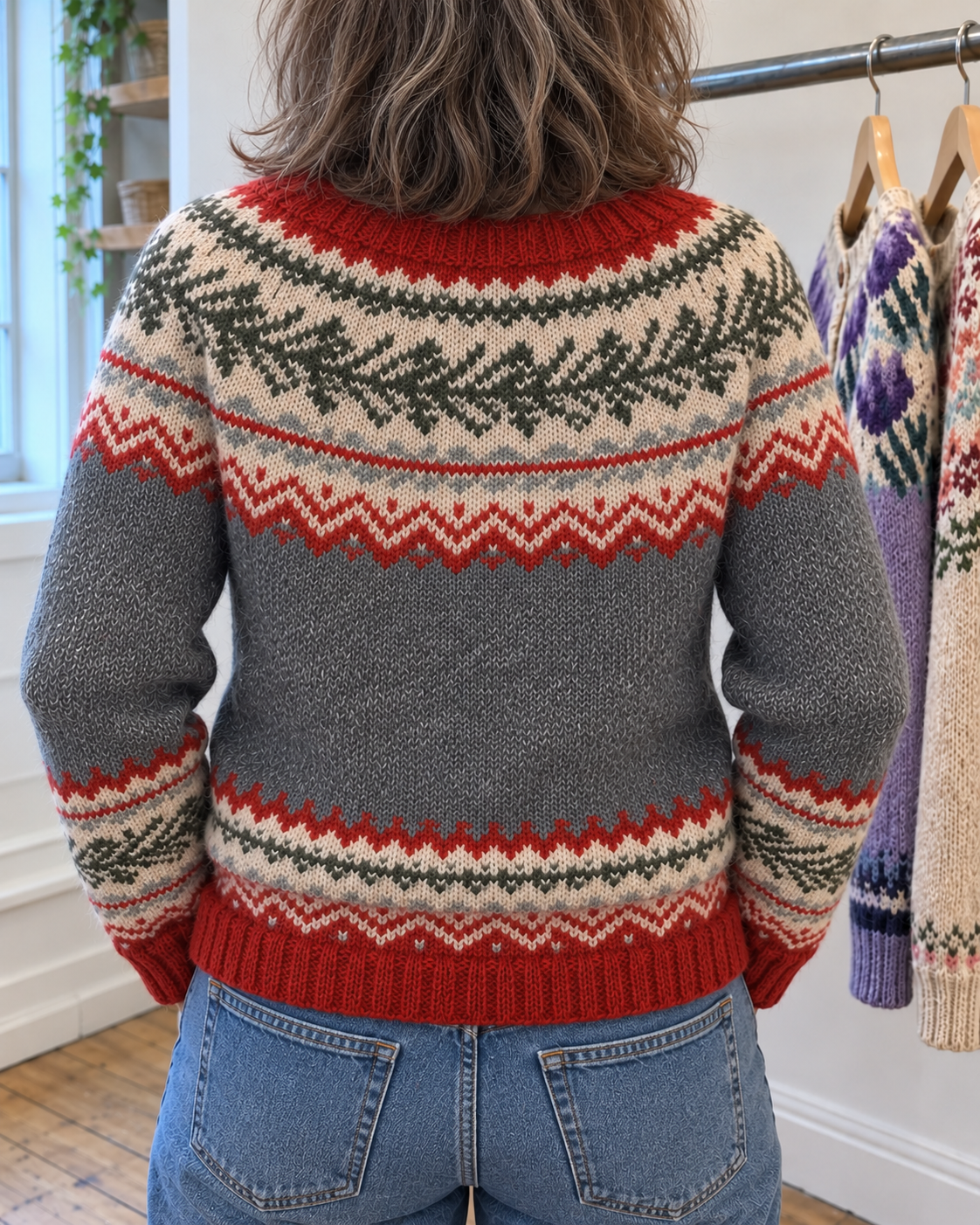 Natasha | Grey and Red Fair Isle Button-Front Cardigan