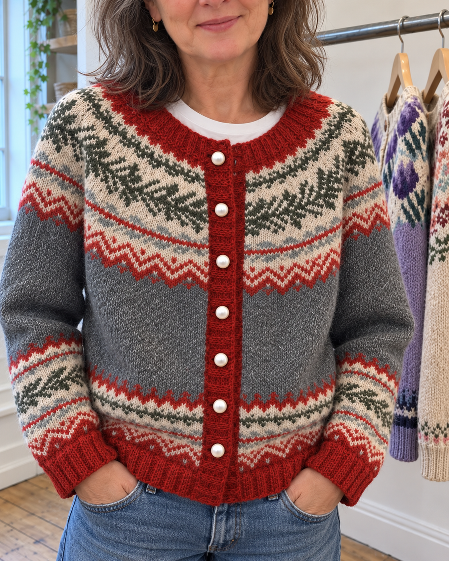 Natasha | Grey and Red Fair Isle Button-Front Cardigan