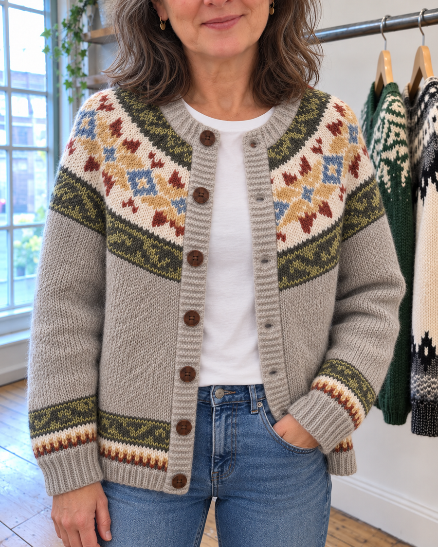 Amber | Grey Motif Yoke Button-Front Cardigan