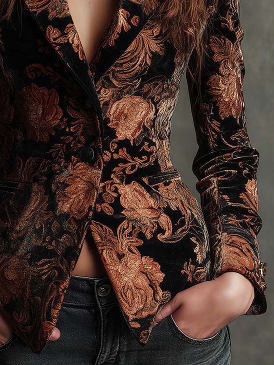 Lucinda | Black and Bronze Floral Print Tailored Blazer