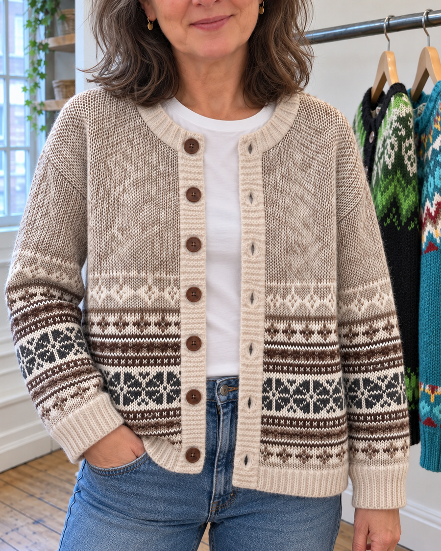 Bella | Cream Patterned Knit Button-Front Cardigan