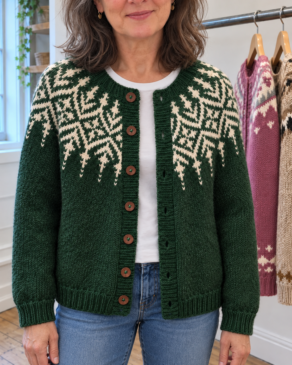 Bethany | Dark Green Snowflake Yoke Cardigan
