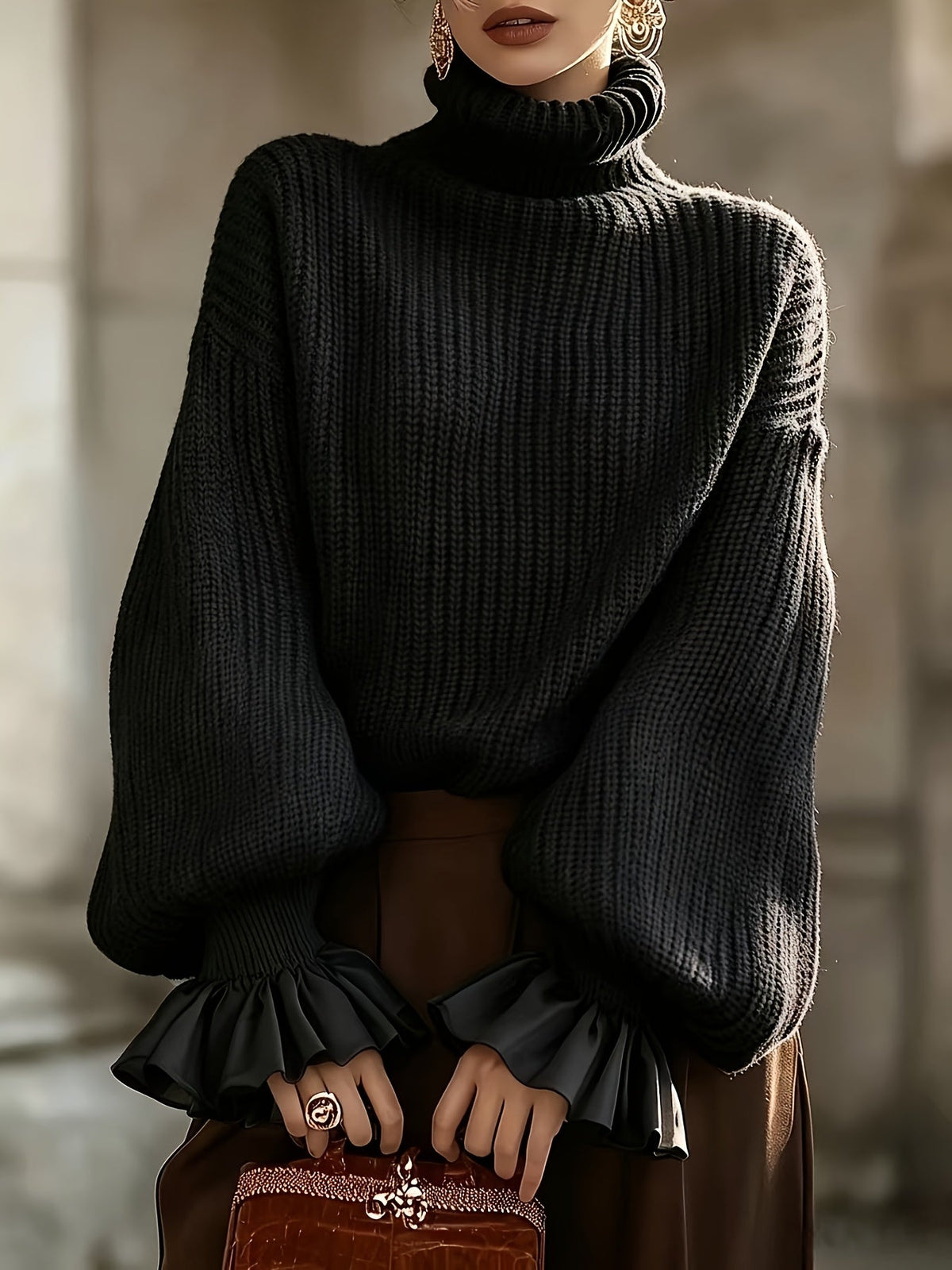 Maxine | Ruffle-Cuff Turtleneck Sweater