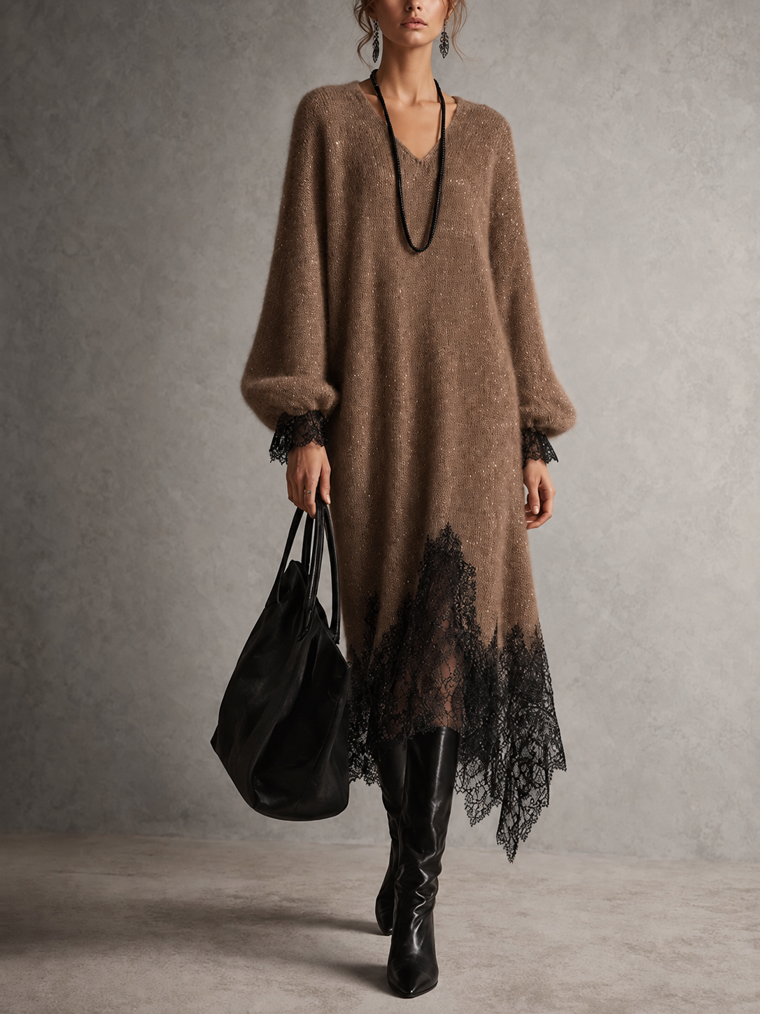 Rachel | Shimmer Knit Midi Dress with Lace Hem