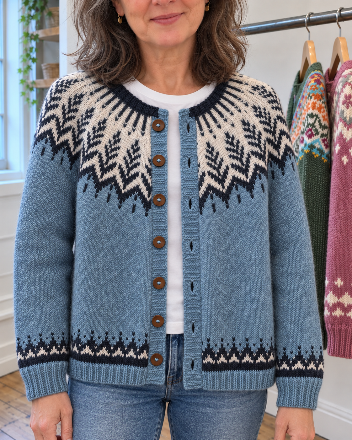 Clara | Sky Blue Nordic Yoke Button-Front Cardigan