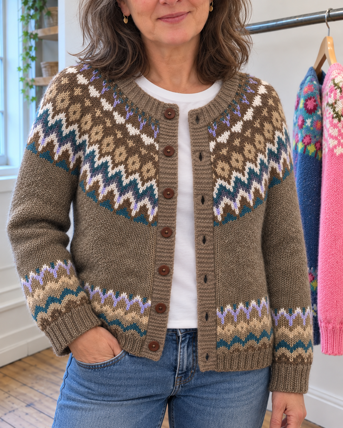 Cora | Olive Fair Isle Button-Front Cardigan