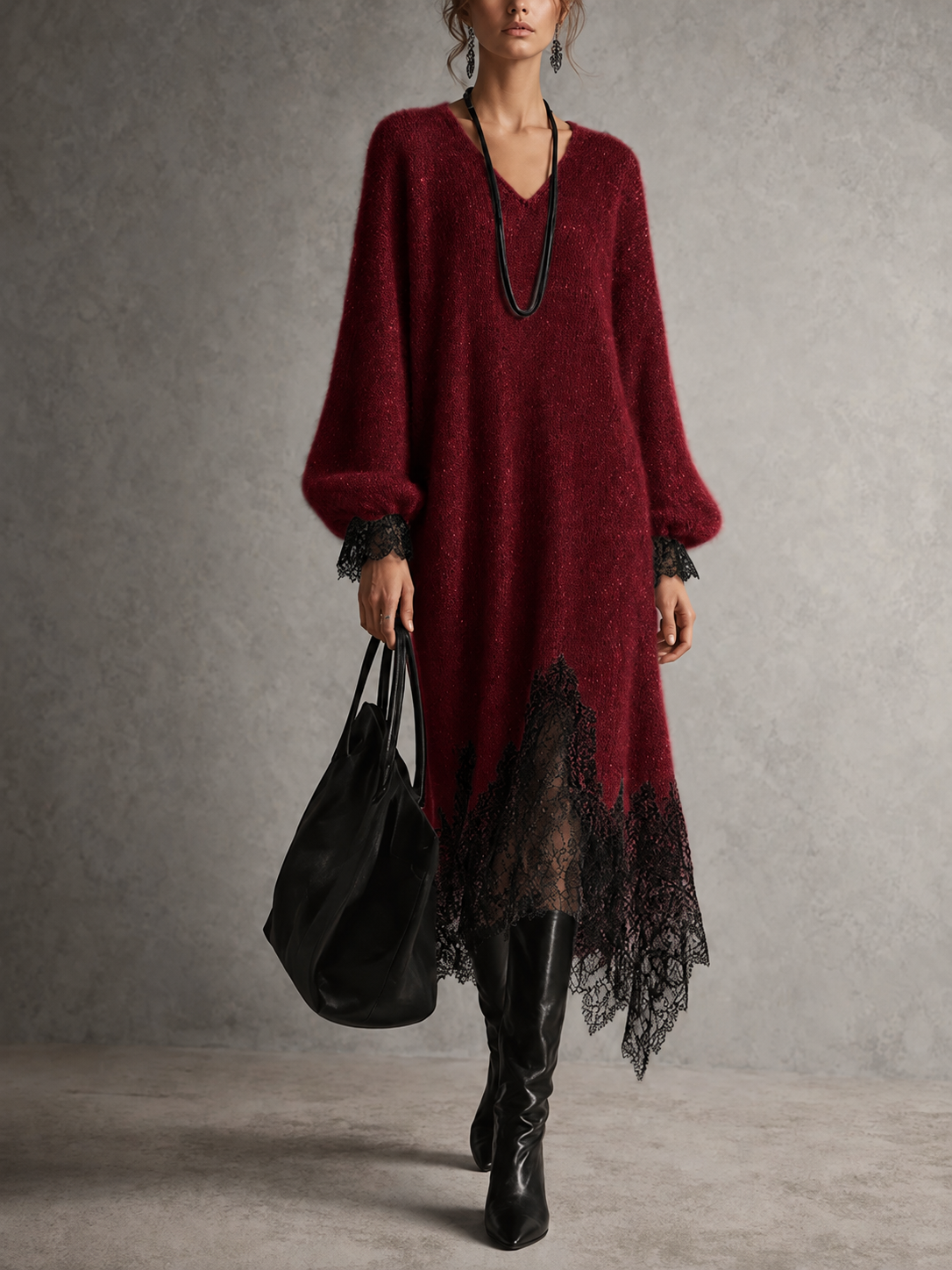 Rachel | Shimmer Knit Midi Dress with Lace Hem