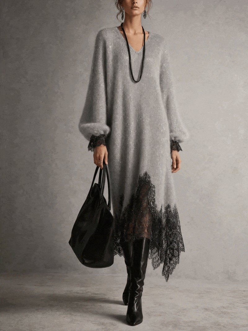 Rachel | Shimmer Knit Midi Dress with Lace Hem