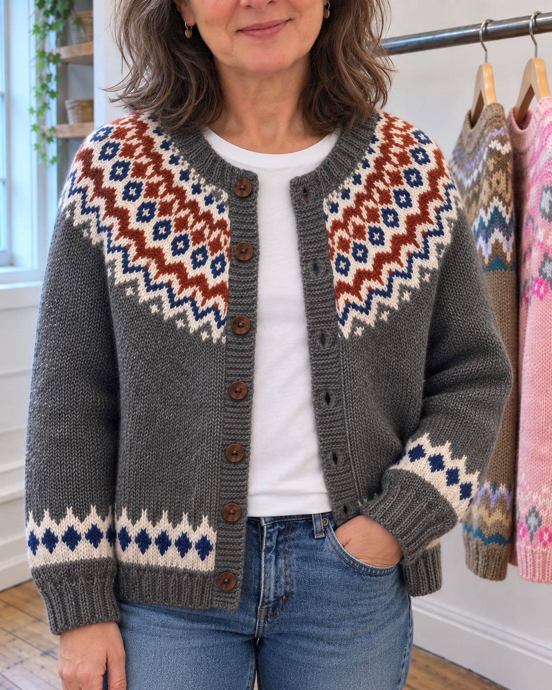 Gabriella | Grey Fair Isle Button-Front Cardigan