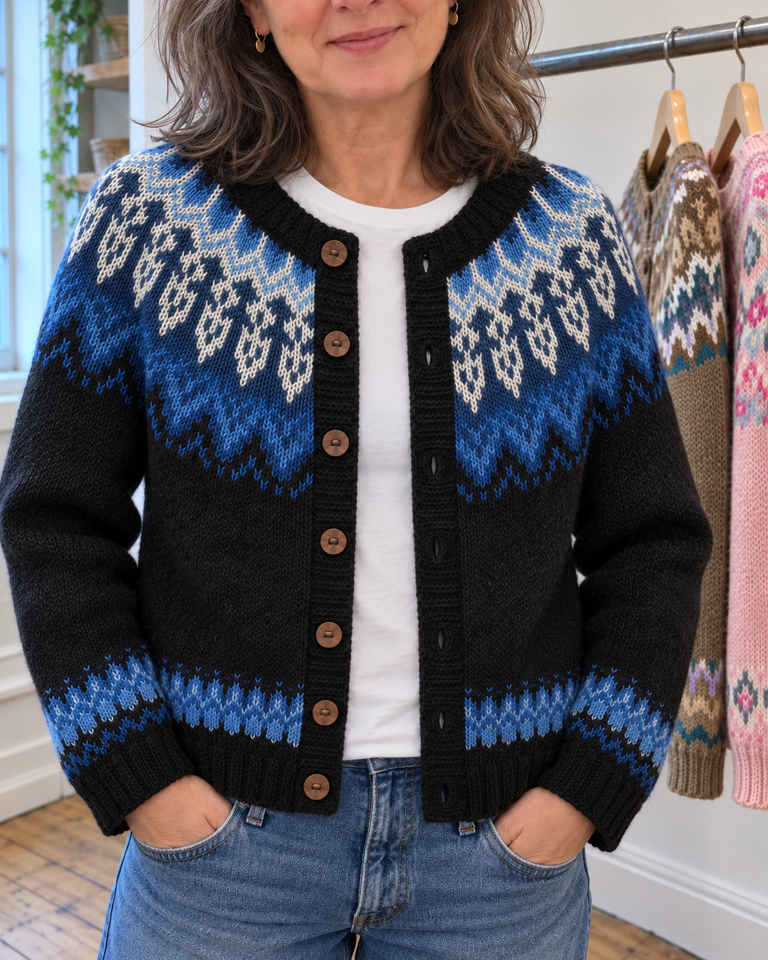 Georgina | Black and Blue Nordic Yoke Cardigan