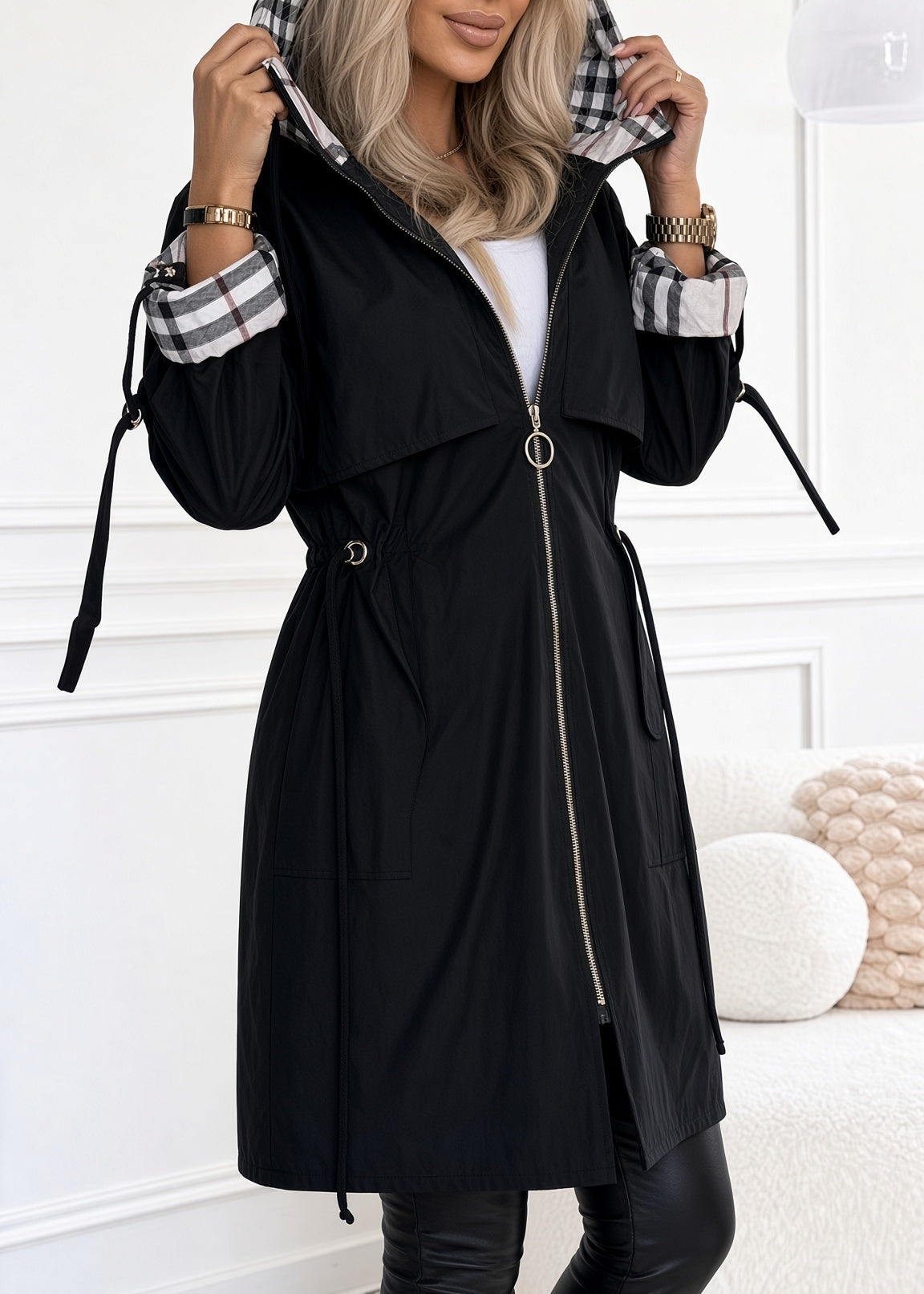 Lettie | Longline Hooded Zip Coat with Plaid Trim